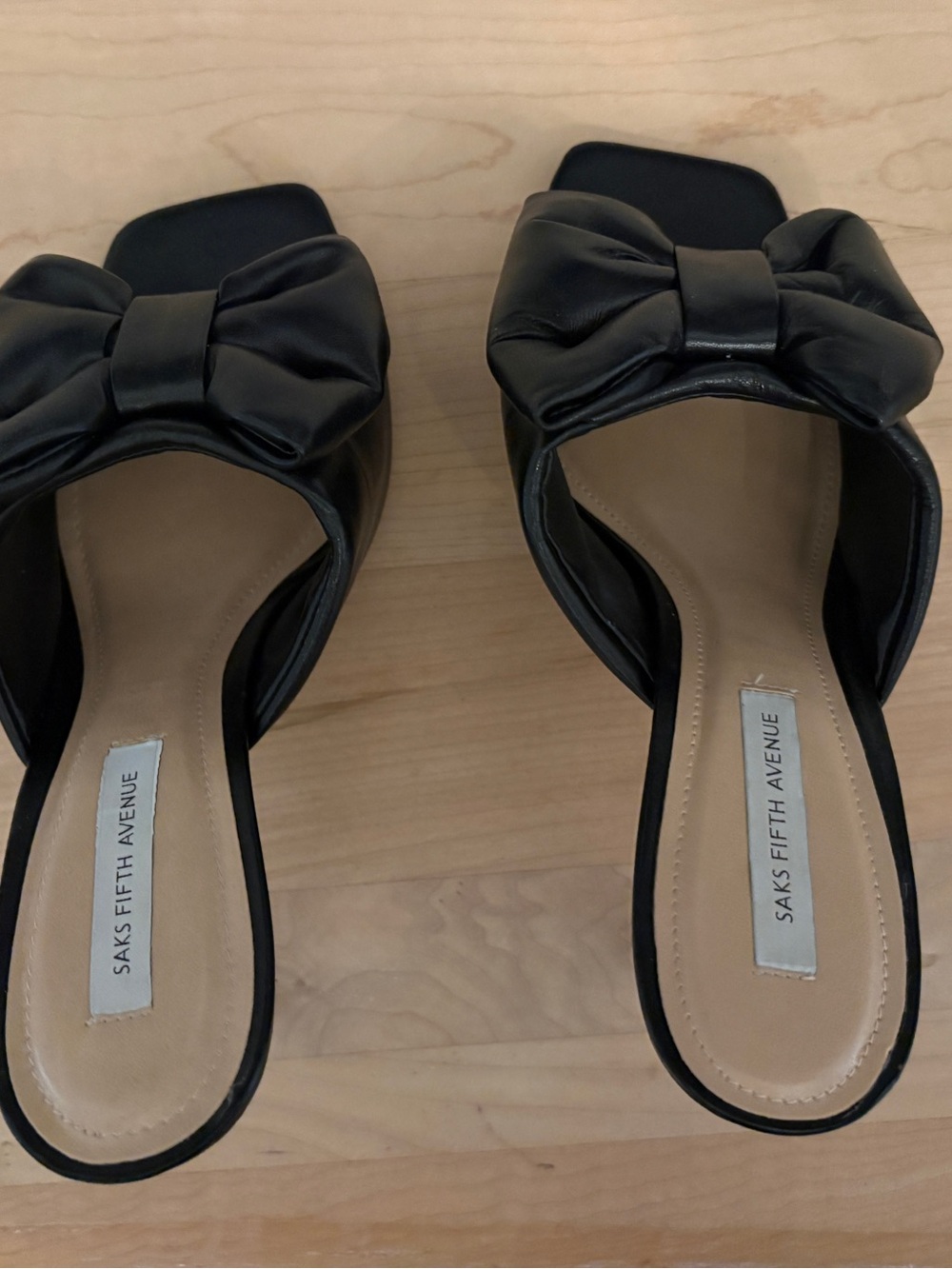 Saks Fifth Avenue Black Bow Slide Sandals with Square Toe